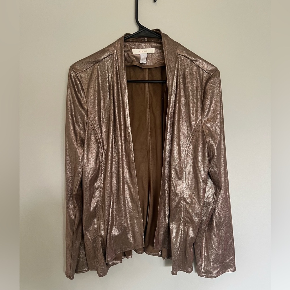 Chico’s Metallic Jacket Size 1 Bronze Shimmer Open Front Blazer Lightweight